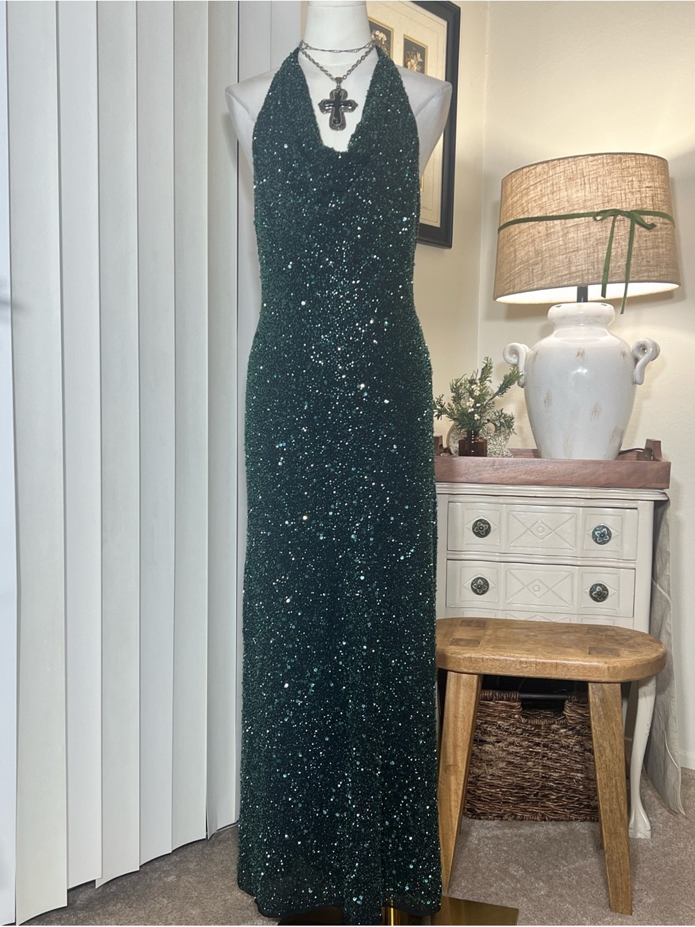 Vintage Black Reflective Green Beaded Sequin Halter Maxi Dress